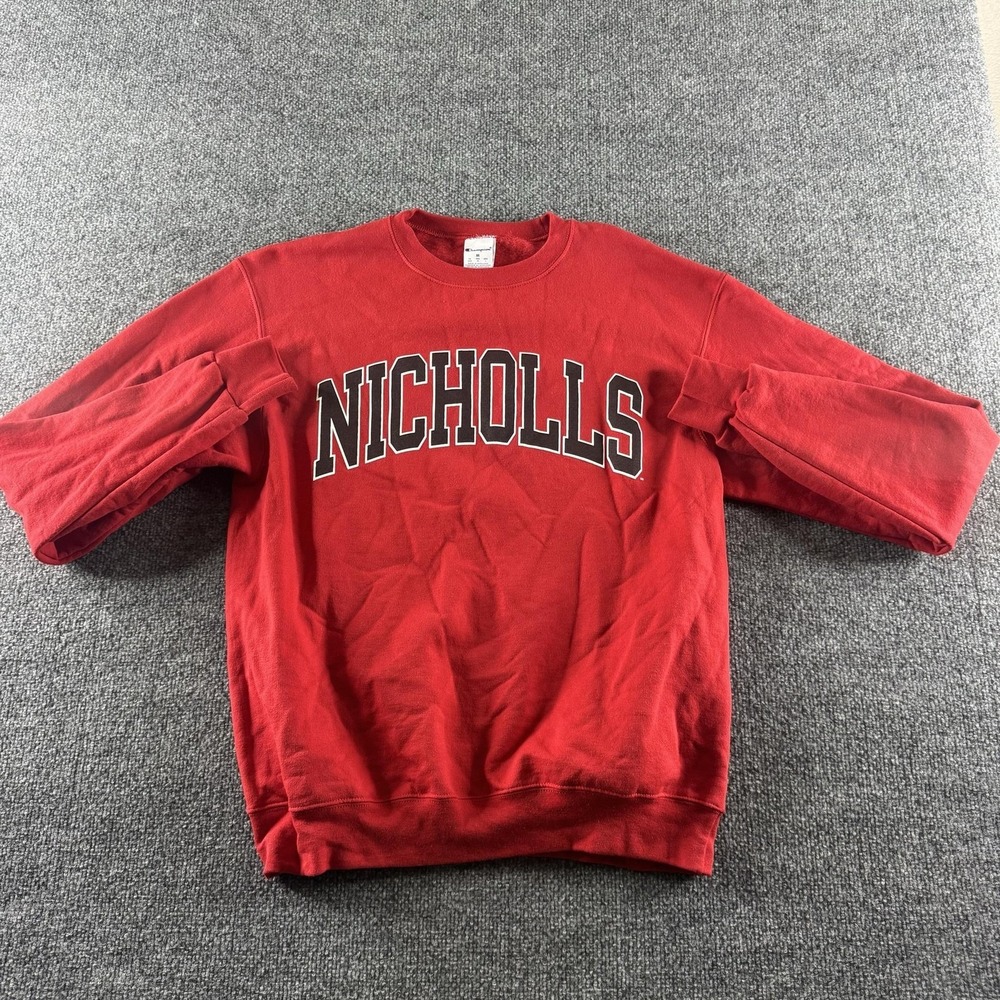 Champion Sweatshirt Mens M Red Fleece Crew Neck Pullover Nicholls Graphic